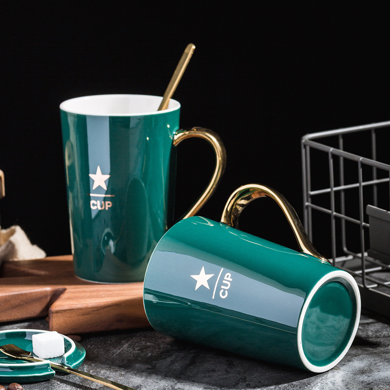 Taza de cerámica de oro taza de café taza de estampado nórdica ins taza de agua con cubierta de cuchara bolsa de regalo LOGO grabado
