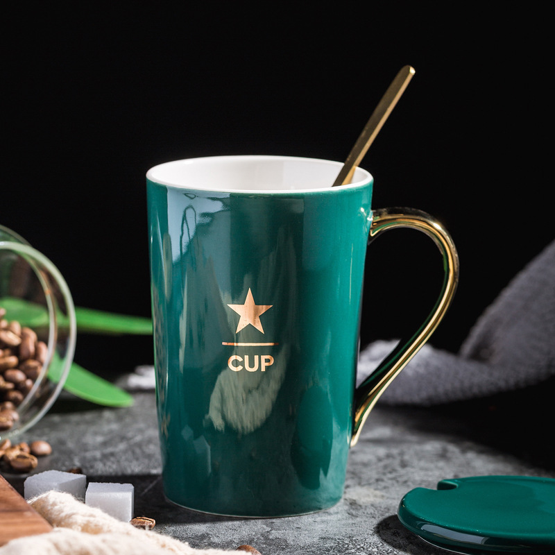 Taza de cerámica de oro taza de café taza de estampado nórdica ins taza de agua con cubierta de cuchara bolsa de regalo LOGO grabado