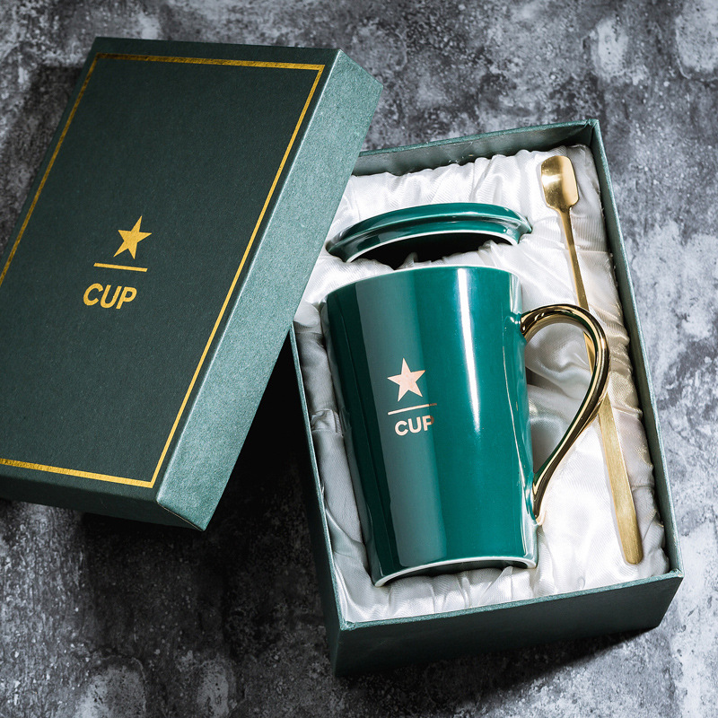 Taza de cerámica de oro taza de café taza de estampado nórdica ins taza de agua con cubierta de cuchara bolsa de regalo LOGO grabado