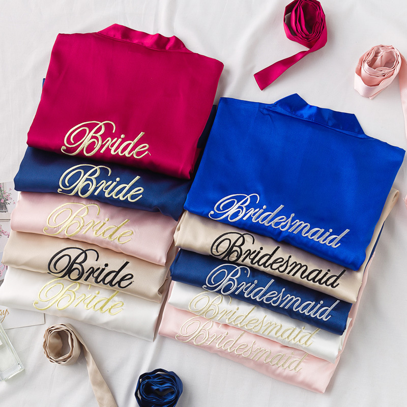Bride Bridal Robe Dressing Gown Women's Nightgown Wedding Makeup Bridesmaid Group Wedding Kimono Imitation Silk Cardigan Bathrobe