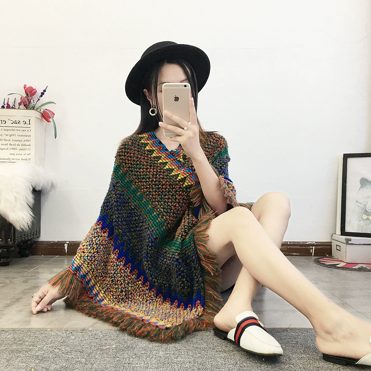 Ethnic trench coat, knitted cloak, summer set, scarf with tassels, long jacket for leisure