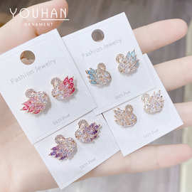 炸毛鸭s925银针耳钉耳饰森系女生天鹅锆石耳环小饰品厂家批发