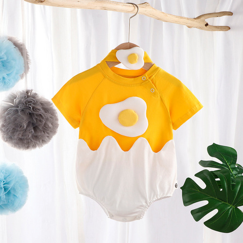 Baby Summer One-Piece Suit Crawling Suit Egg Yolk Diaper Suit for Boys and Girls Summer Outfit with Headband Newborn Outing Wear