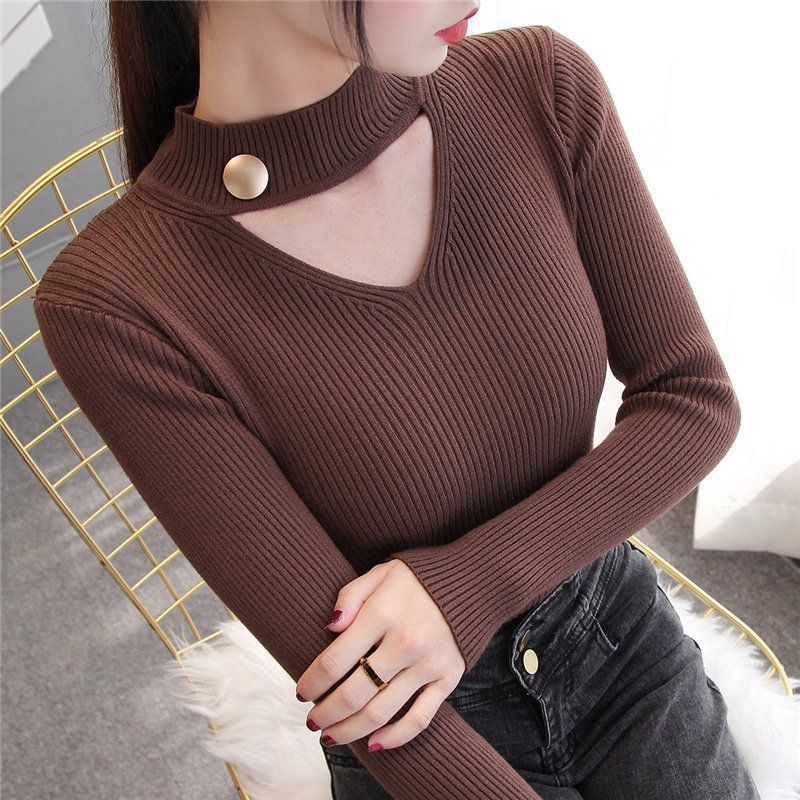 Hollow-out Hanging Neck V-neck Long-sleeved Autumn and Winter Sweater Women's Inner Wearing Outer Wearing New Slim-fit Knitted Base Shirt Top