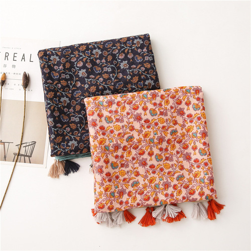 Sun protection shawl silk scarf travel Lijiang Thailand cotton and linen large square scarf ethnic style retro small flower twill cotton scarf