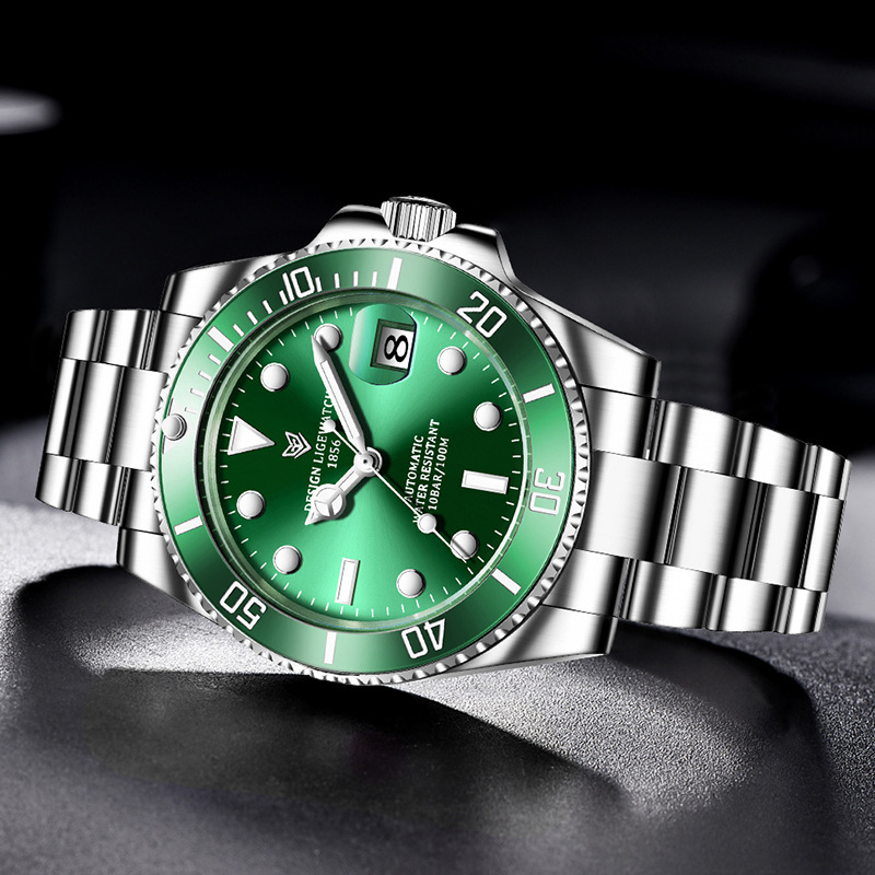 LIGE reloj de acero inoxidable para hombre reloj mecánico automático calendario agua fantasma reloj luminoso reloj de buceo 6801