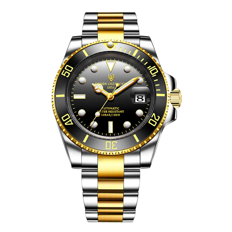LIGE reloj de acero inoxidable para hombre reloj mecánico automático calendario agua fantasma reloj luminoso reloj de buceo 6801