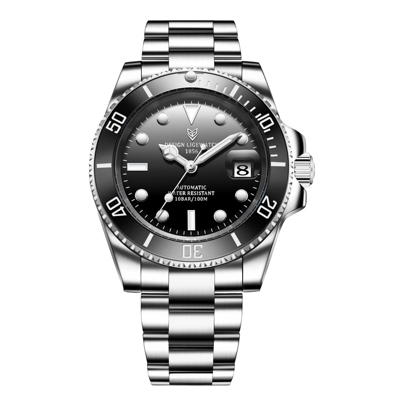 LIGE reloj de acero inoxidable para hombre reloj mecánico automático calendario agua fantasma reloj luminoso reloj de buceo 6801
