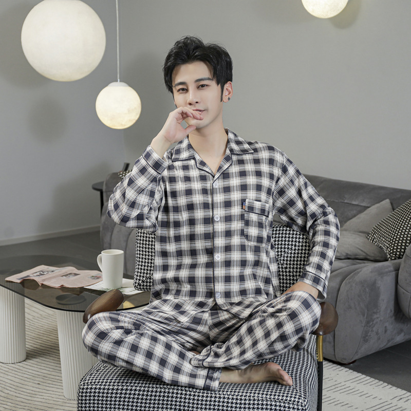 New Autumn and Winter Men's Pajamas Korean-style Double-sided Knitted Cotton Loose Cardigan Lapel Long-sleeved Home Clothes Set
