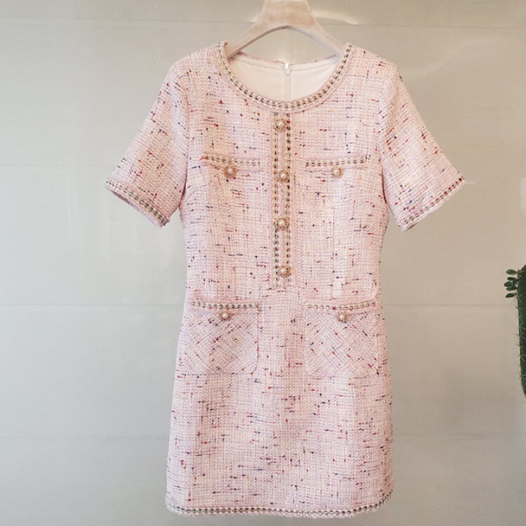 2025 Spring and Autumn New Style Ladylike Tweed Round Neck Short Sleeve Braided Edge Small Fragrance Slim Dress for Women