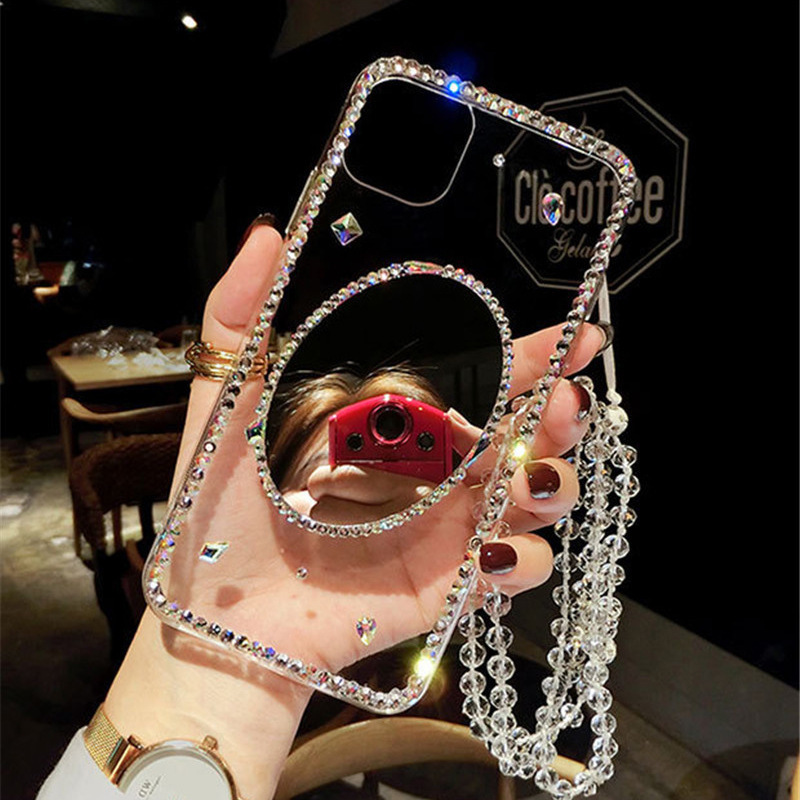Makeup Mirror Suitable for Iphone17/16Pro Max Mobile Phone Case with Diamond Edge Apple 15 Rhinestone 14 Protective Cover 13