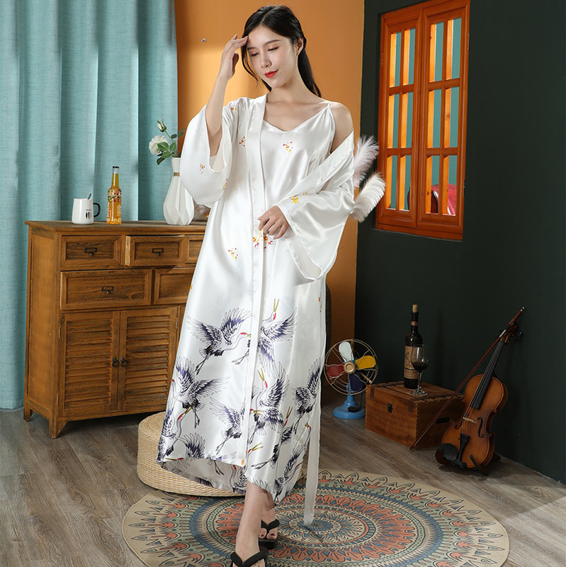 2026 New Cross-Border Wholesale Summer Silk Crane Pajamas Bridesmaid Dress Mid-Sleeve Women's Bathrobe Bridal Dressing Gown
