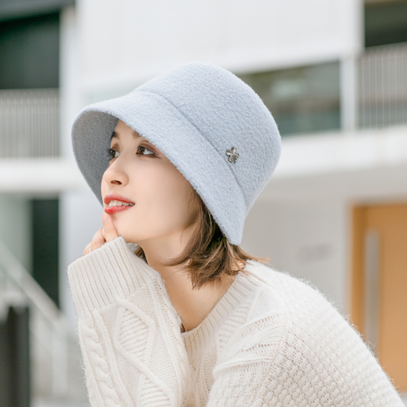 Mössa för kvinnor under höstvintern, koreansk version trendig och mångsidig bassängvarm hatt, stjärnstil ylle enfärgad_voghion.com