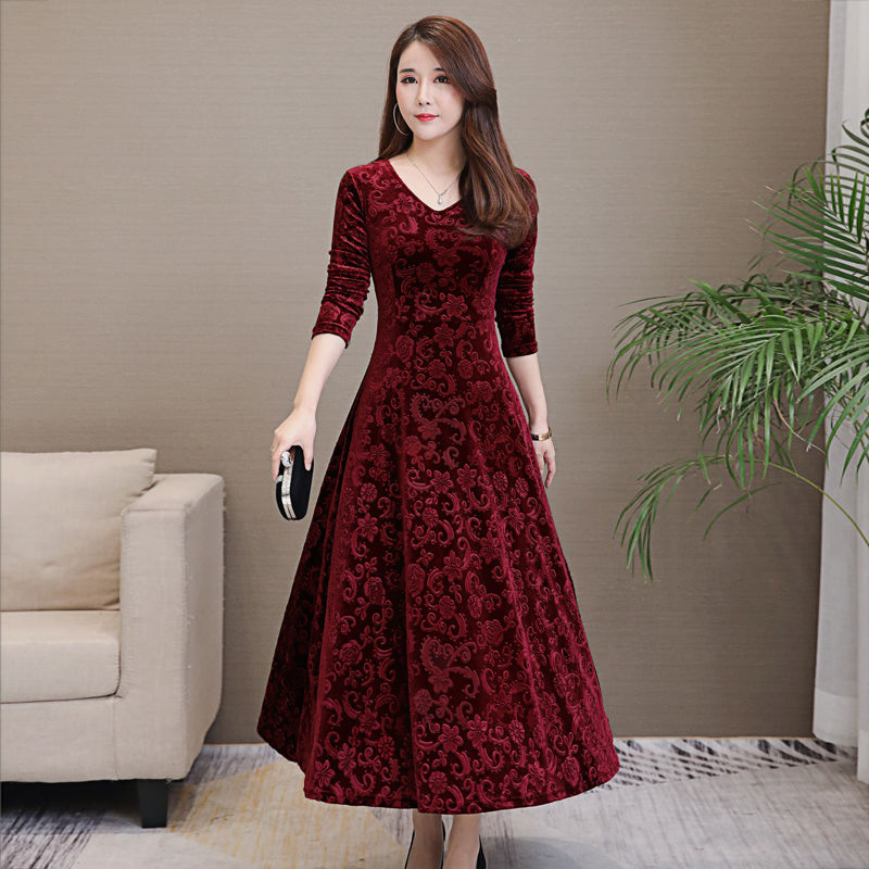 Gold Velvet Long Sleeve dress Long 2024 Spring and Autumn New Mother Slim-fit Slimming Large Swing Skirt plus size Women's Clothing Gold Velvet Long Sleeve dress Long 2024 Spring and Autumn New Mother Slim-fit Slimming Large Swing Skirt plus size Women's Clothing