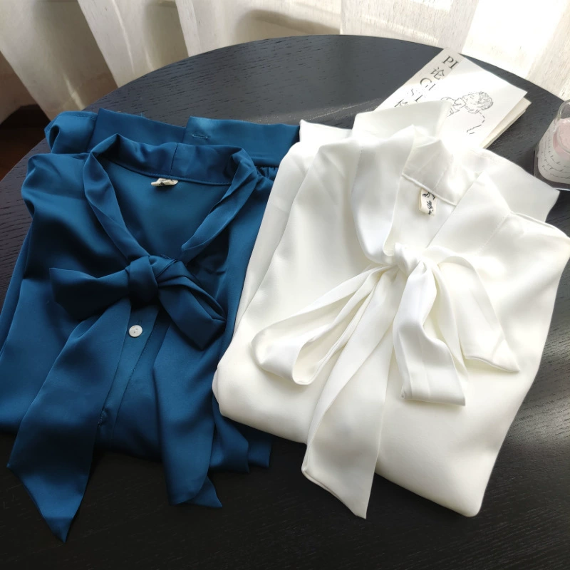 Обычная Простая рубашка с длинным рукавом на шнуровке с имитацией атласа с бантом, осенняя новая Базовая рубашка, Топ