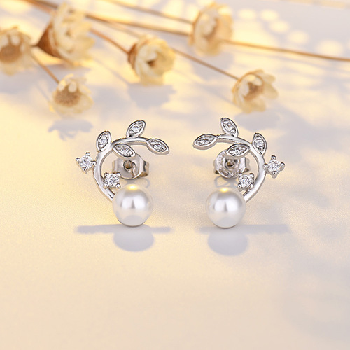 Pure Silver Korean Gentle Small Pearl Accents Zirconia Leaf Earrings for Women - Cherry Blossom Tree Leaf Design, Hypoallergenic