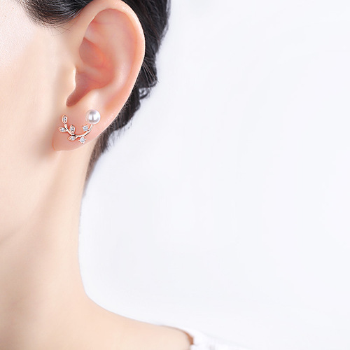 Pure Silver Korean Gentle Small Pearl Accents Zirconia Leaf Earrings for Women - Cherry Blossom Tree Leaf Design, Hypoallergenic