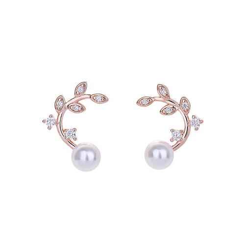 Pure Silver Korean Gentle Small Pearl Accents Zirconia Leaf Earrings for Women - Cherry Blossom Tree Leaf Design, Hypoallergenic