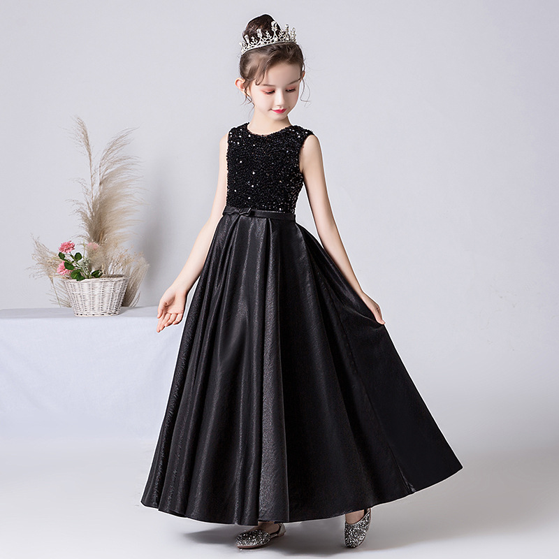 Girls' Black Long Dress For Violin Performance Children's Host Piano Outfit Banquet Evening Dress For Older Kids_voghion.com
