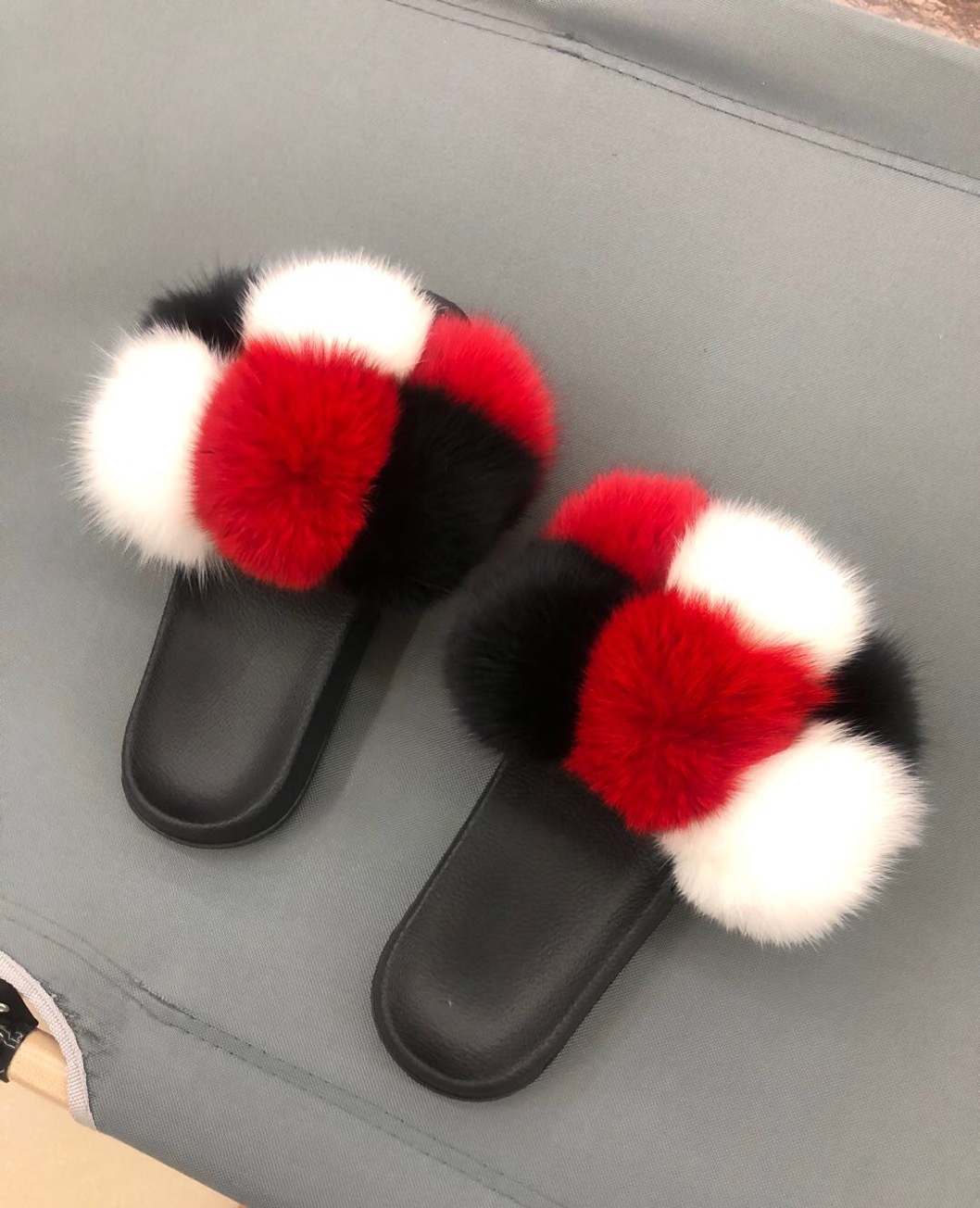 Zapatillas de bola de piel Zapatillas de bola de piel de ratón de zorro real Zapatillas de piel Zapatillas de piel Zapatillas de una palabra Sandalias y zapatillas