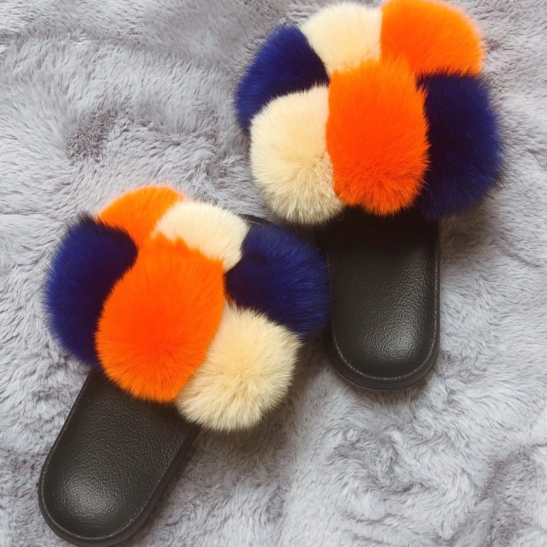 Zapatillas de bola de piel Zapatillas de bola de piel de ratón de zorro real Zapatillas de piel Zapatillas de piel Zapatillas de una palabra Sandalias y zapatillas