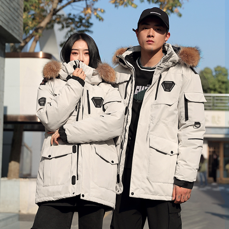 Winter Running Men's Down Jacket Men's Factory Couple's Tooling Big Pocket Thickened Big Wool Collar Down Jacket Coat