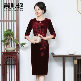 妈妈装春装新款金丝绒旗袍改良版连衣裙复古中国风中老年女装礼服
