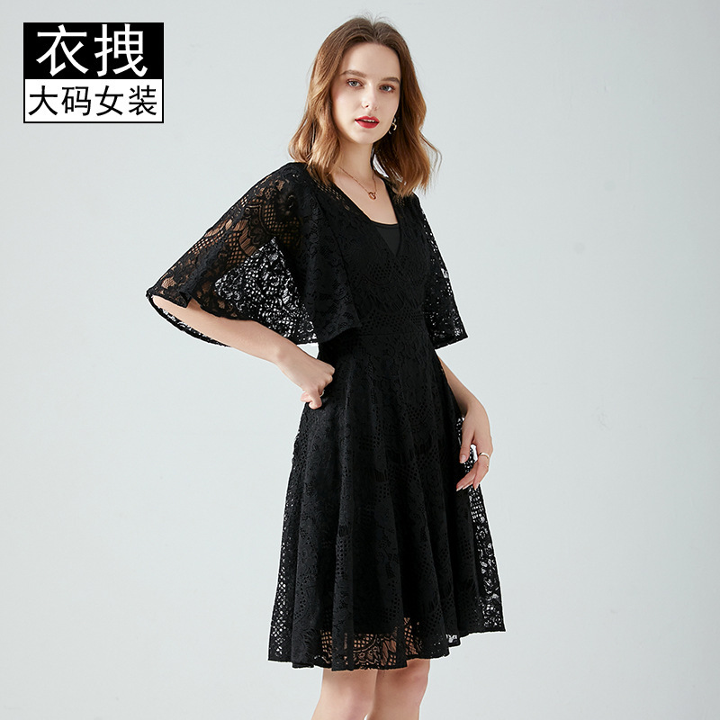 V-Neck Hollow-Out Hot Skirt for Chubby Girls All-Match Casual Flare Sleeve Loose Black Large Chest A- line Dress for Summer