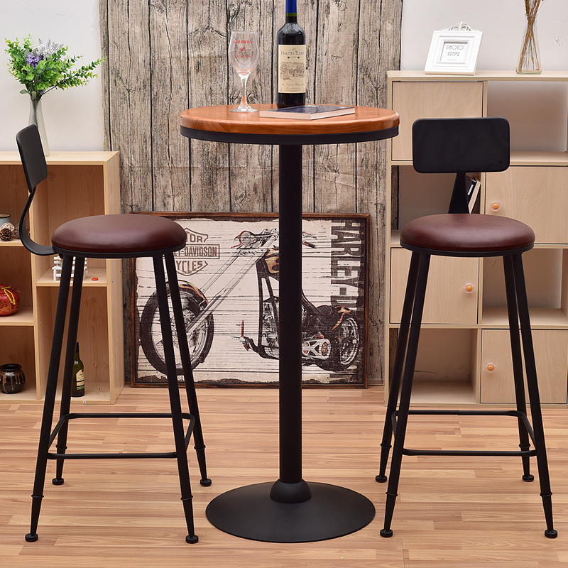 Bar Stool, Wrought Iron Bar Chair, Solid Wood High Table and Chair, Round Table, Leather Stool with Backrest, High Bar Chair, Modern and Simple