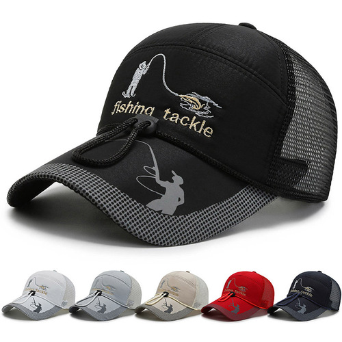 Wide-brimmed mesh cap for men, summer fashion, sporty, breathable, drawstring sun hat, outdoor cycling, baseball cap, windproof duckbill hat