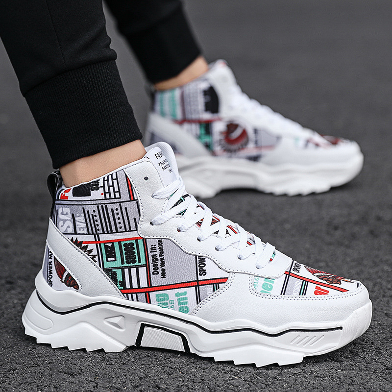 潮流新款休闲运动风男鞋秋季中高帮百搭潮鞋时尚涂鸦个性老爹鞋男