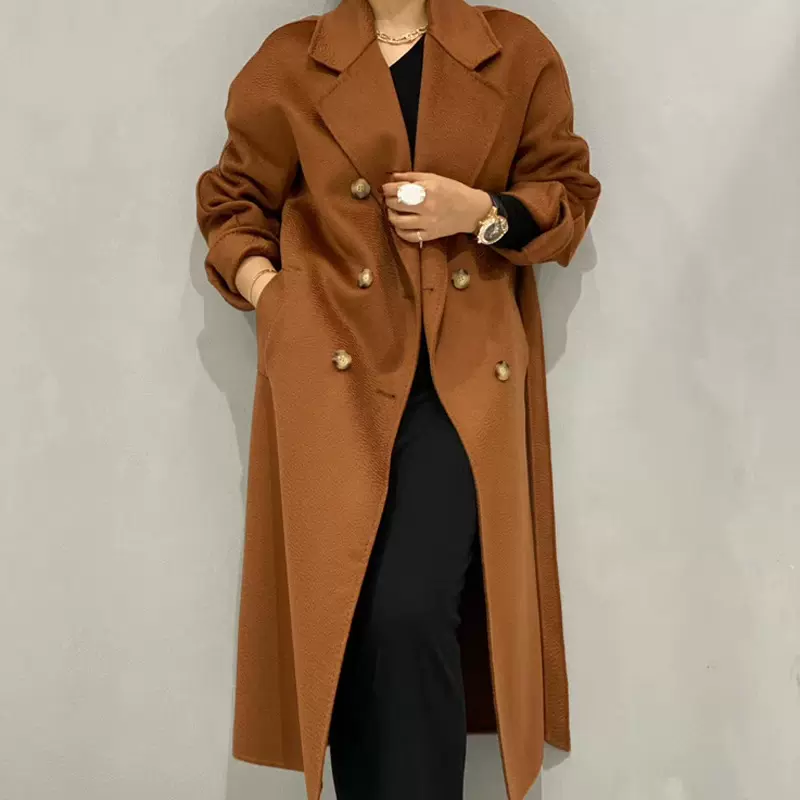 M家2025新款水波纹双面羊绒大衣女加长款毛呢外套女气质英伦风