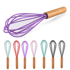 Factory Stainless Steel Handheld Manual Wooden Handle Egg Beater Mixer 10-inch Silicone Wire Beech Wood Handle