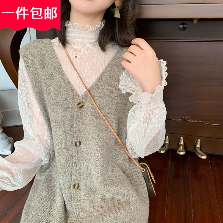 Spring and Summer 2023 New Trumpet Sleeve Mesh Clothes Hollow Lace Shirt Mesh Base Shirt Summer Loose Top for Women