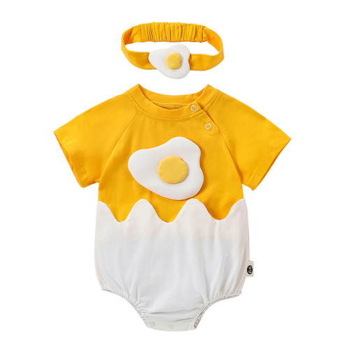 Baby Summer One-Piece Suit Crawling Suit Egg Yolk Diaper Suit for Boys and Girls Summer Outfit with Headband Newborn Outing Wear