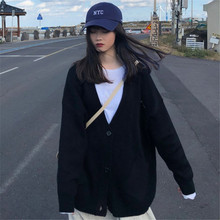 新款大码纯色针织开衫韩版宽松刺绣毛衣女跨境V领单排扣上衣外套