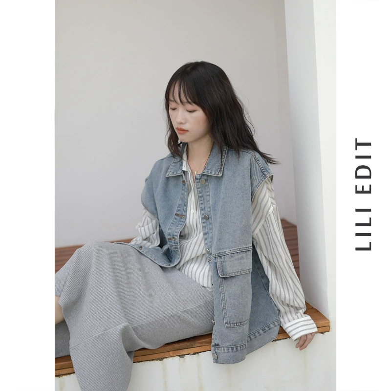 Denim vest, autumn jacket sleevless, Korean style