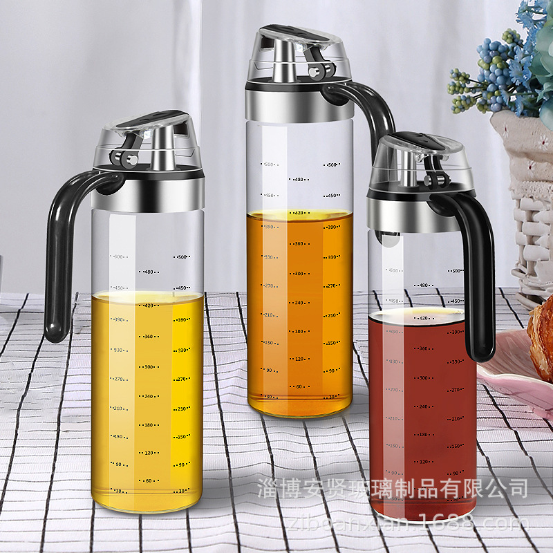 Botella de aceite de vidrio cocina hogar cuantitativo a prueba de fugas gran condimento caja de condimento tarro de alta temperatura resistente apertura automática y cierre de aceite olla