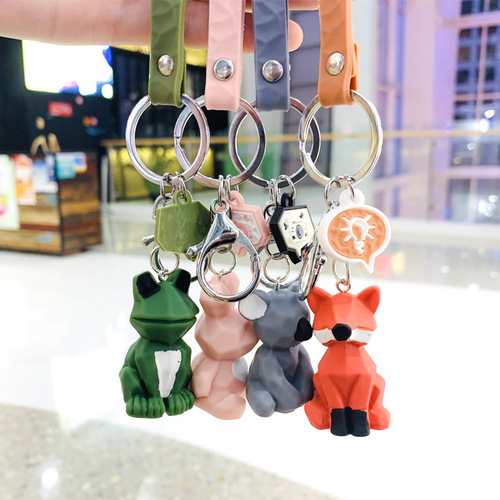 Geometric animal keychain cartoon three-dimensional doll geometric cross-section couple keychain leather rope small dinosaur bag pendant