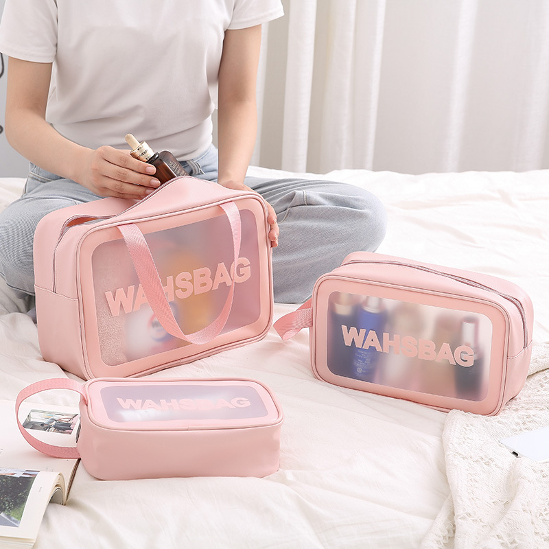 Bolsa de maquillaje transparente de PVC, set de tres piezas, translúcida y con acabado esmerilado, ideal para baño o natación, gran capacidad para mujeres.