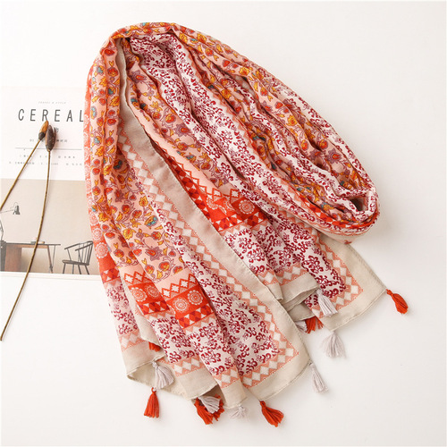 Sun protection shawl silk scarf travel Lijiang Thailand cotton and linen large square scarf ethnic style retro small flower twill cotton scarf