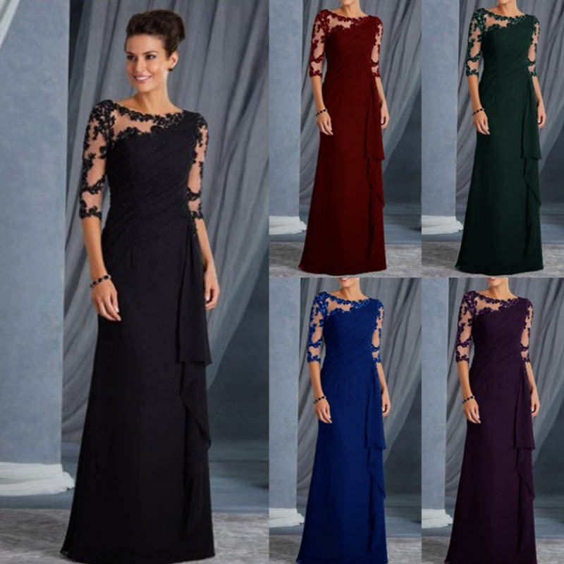 Spring and Summer Amazon Wish New Foreign Trade Hot-Selling Long Lace See-Through Round Neck Mid-Sleeve Dress Gown