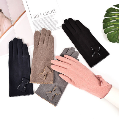 glove Autumn and winter lady keep warm glove Korean Edition lovely bow outdoors drive a car Riding Touch screen glove