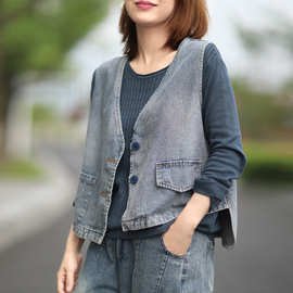 古咖服饰新款复古拼接宽松水洗做旧牛仔衣马夹女V领开衫小外套秋