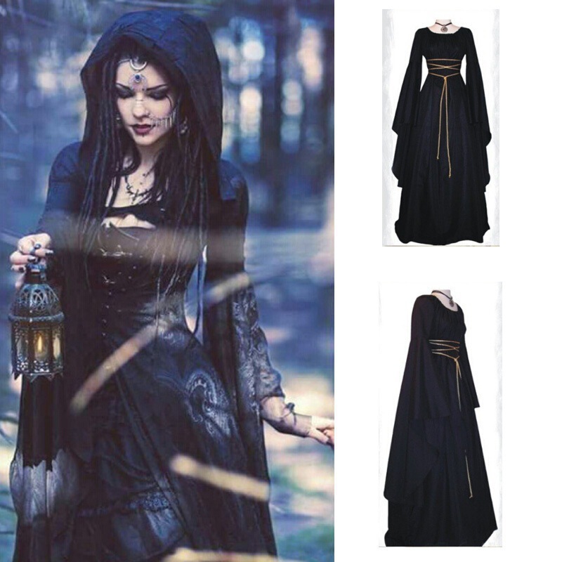 New Halloween Women's Solid Color Dress Round Neck Long Sleeve Belt Solid Color Long Dress Death Prom Cape Pie
