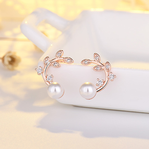 Pure Silver Korean Gentle Small Pearl Accents Zirconia Leaf Earrings for Women - Cherry Blossom Tree Leaf Design, Hypoallergenic