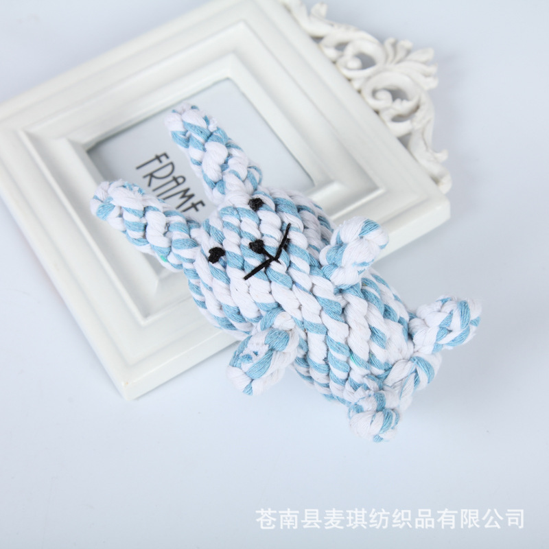 FUENTE fabricante perro juguete tejido a mano resistente a la mordedura nudo mascota juguete lindo conejo forma suministros para mascotas