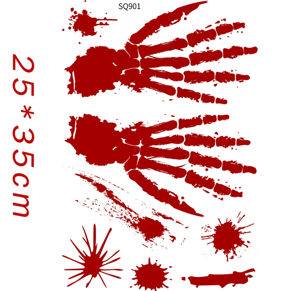 Halloween PVC hanging decorations — blood knife garland, severed hands/feet, stickers and warning tape