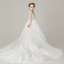 跨境儿童婚纱白色小女孩婚礼花童服生日蓬蓬纱拖尾走秀演出公主裙