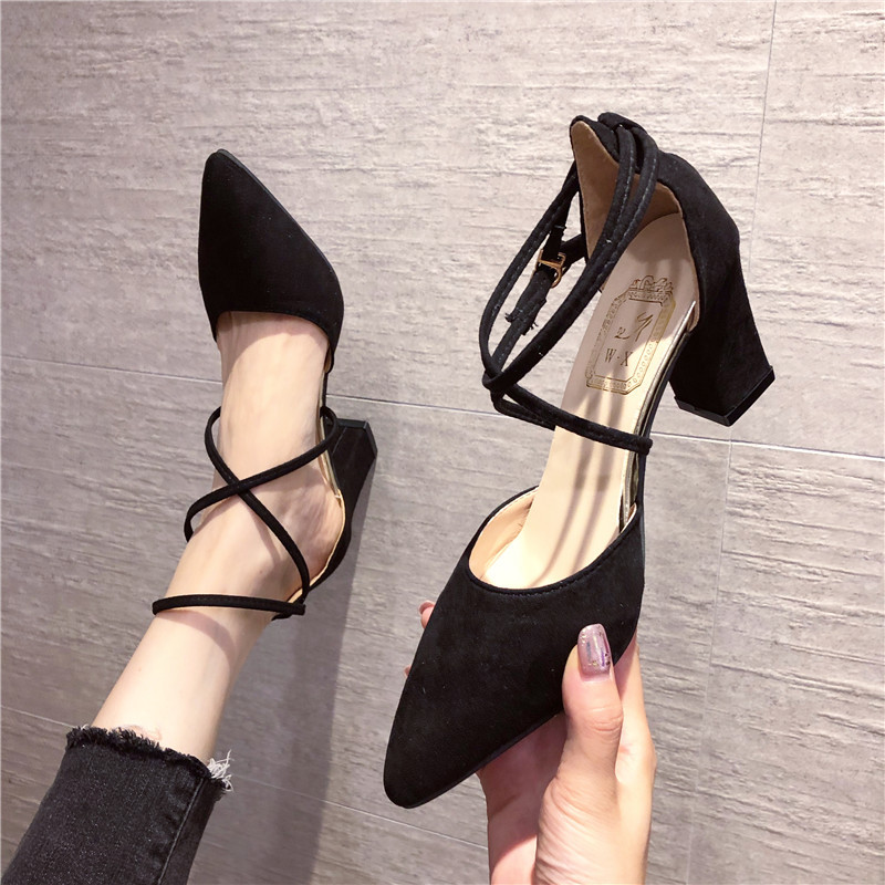 thumbnail for 2024 autumn and summer high heels new style thick heel pointed Korean style fashion closed toe buckle small fresh hollow single-layer shoes for women